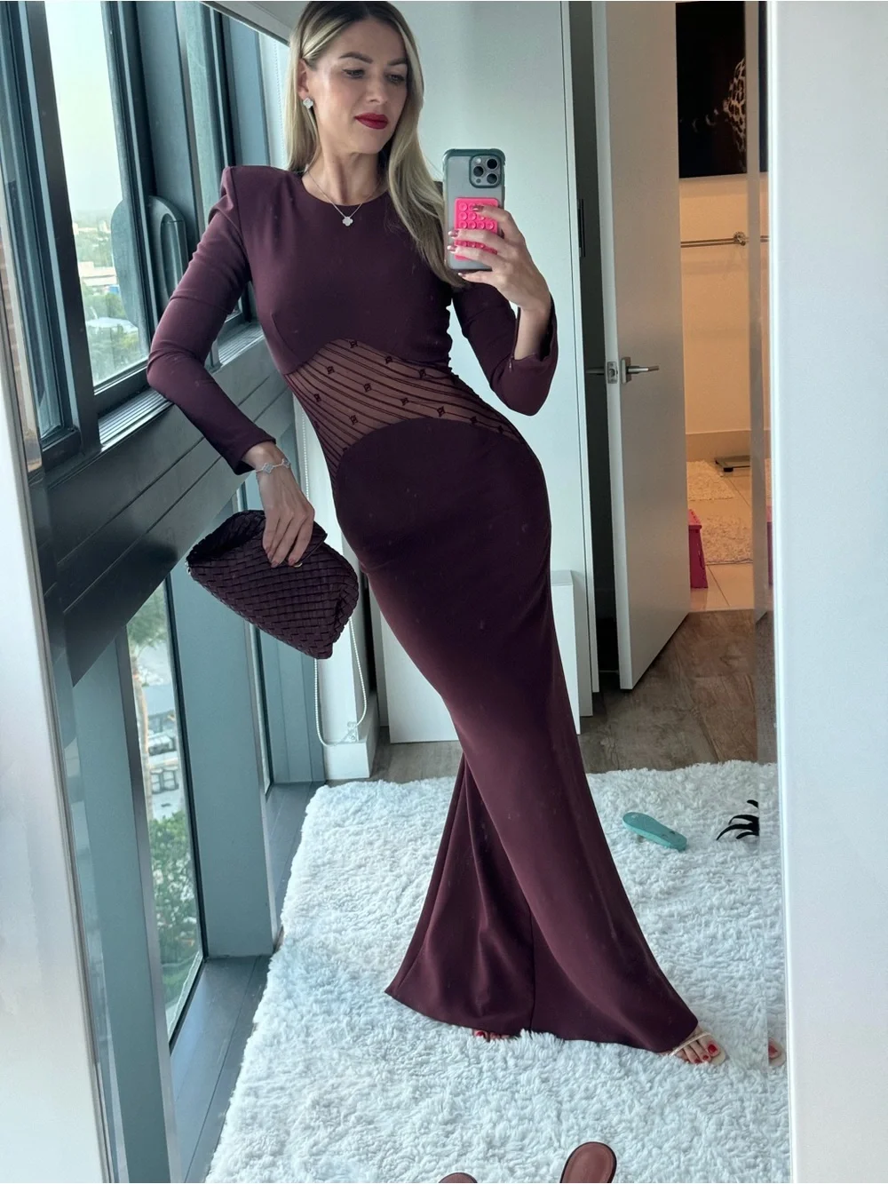 Elisabetta Franchi Burgundy Long-Sleeve Maxi Dress with Sheer Flocked Waist